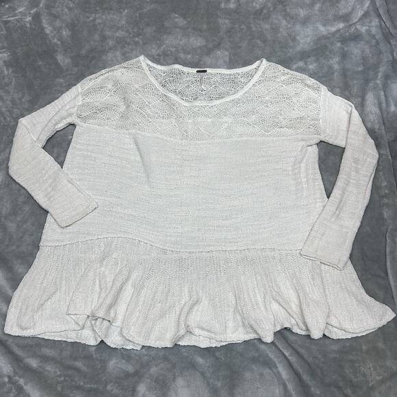 Free People Kristobel Ruffle Lagan Knit Sweater Cream Medium Boho festival coast - Picture 1 of 8